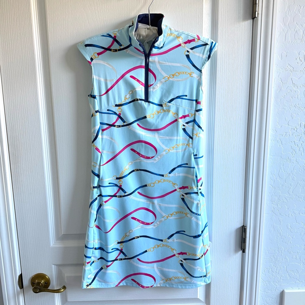 San Soleil Golf Dress Light Blue With Colorful Belts “SolStyle Ice” UV 50 Sz XS